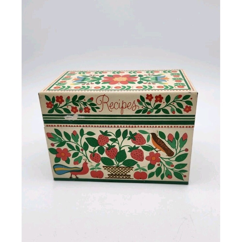 Vintage Hallmark Recipe Metal Tin Box Strawberries Birds Fruit Flowers Folk Art